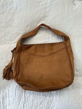 Ralph Lauren Tan Cognac Leather Woven Hobo Bag Tote with Tassel